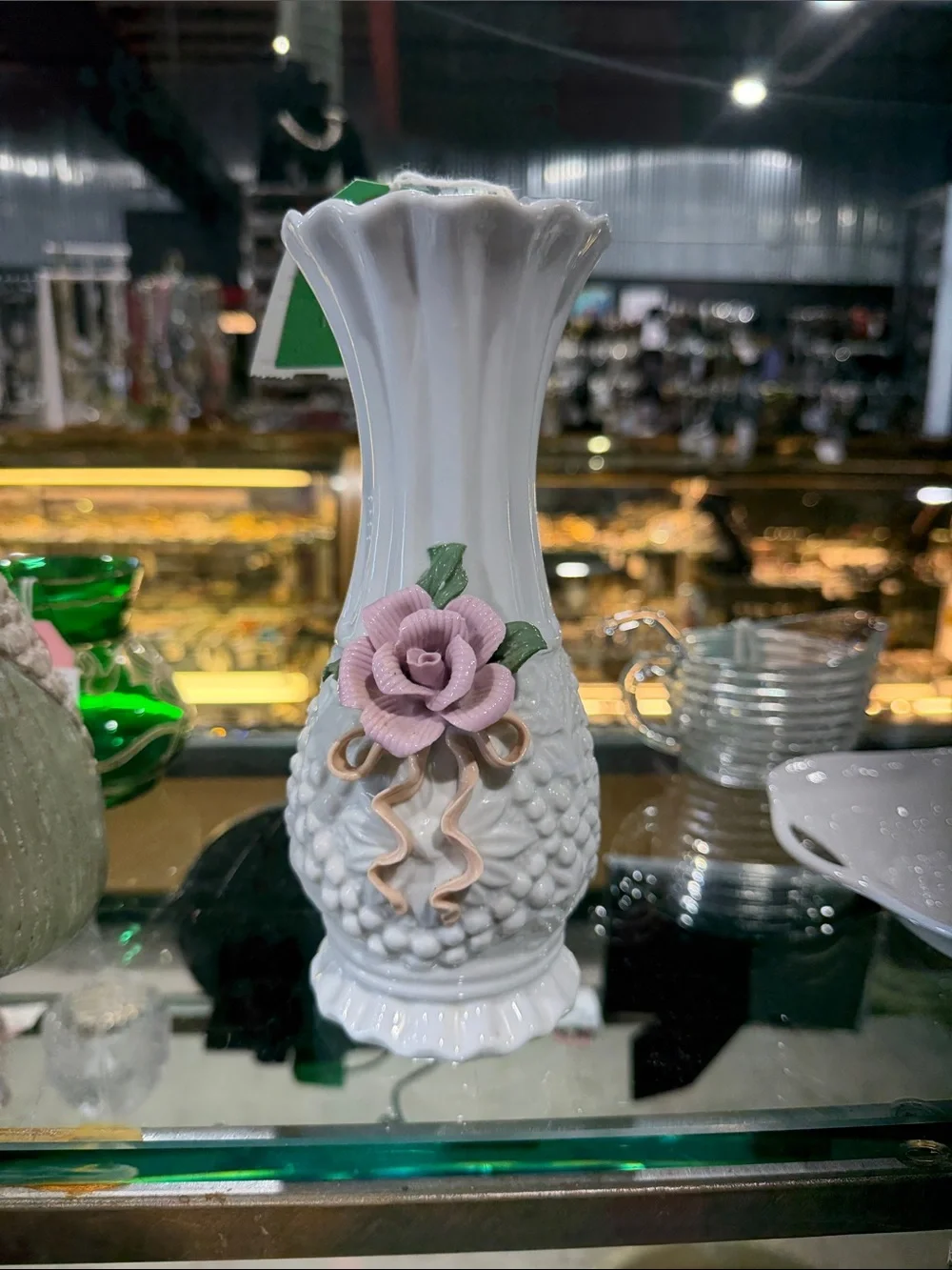 White Ceramic Bud Vase with Pink Rose Accent